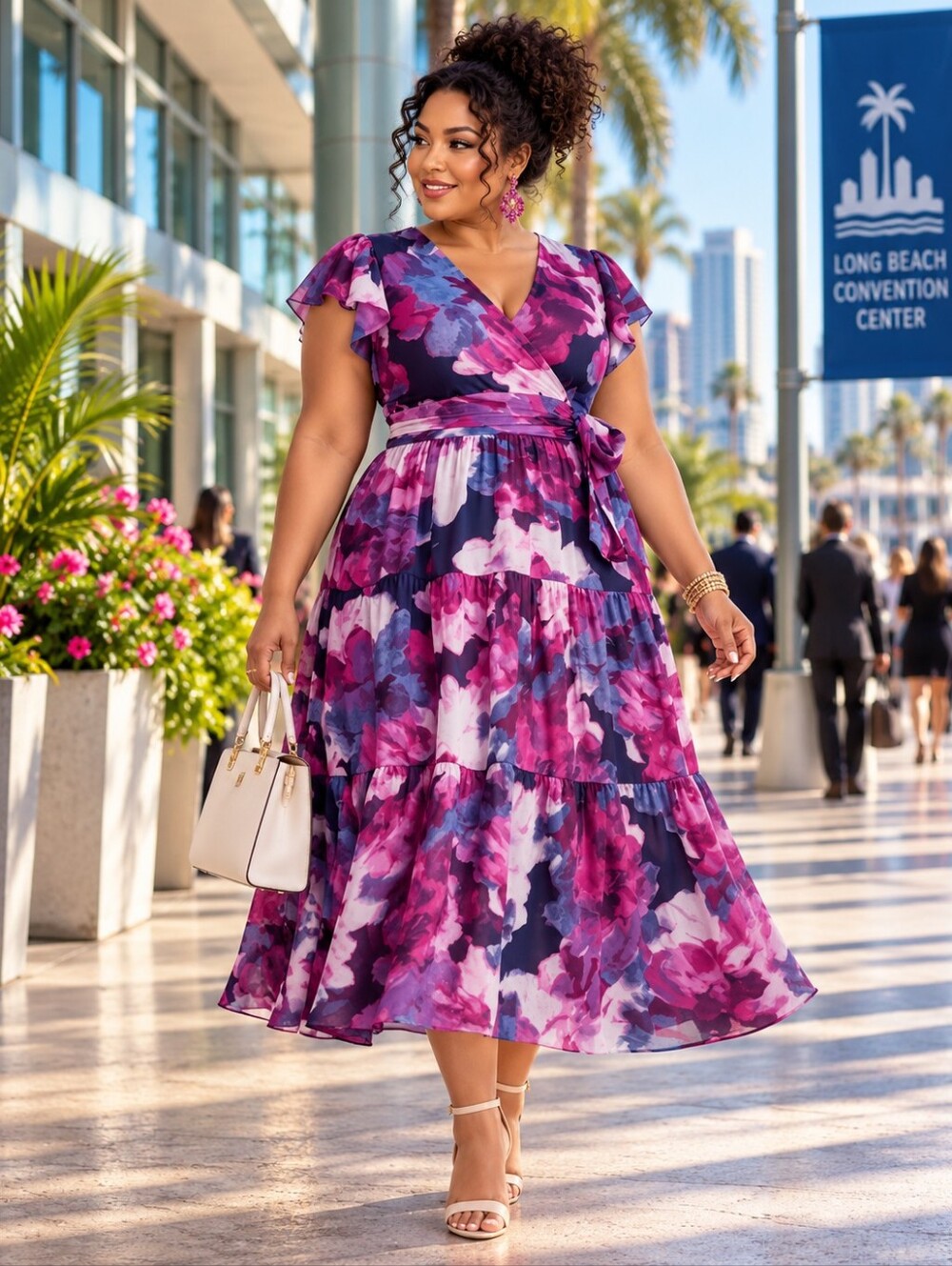 DKNY Floral Tiered Midi Dress | Flutter Sleeve | Size 16W